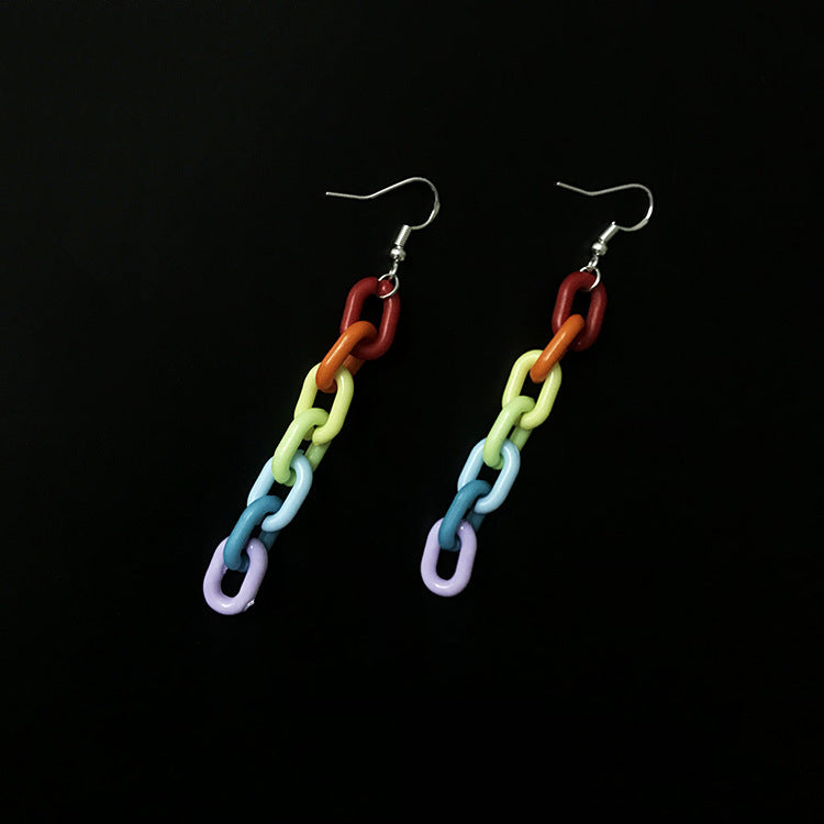 Chic Women's Rainbow Chain Earrings - Stylish Acrylic Plastic Dangle Jewelry