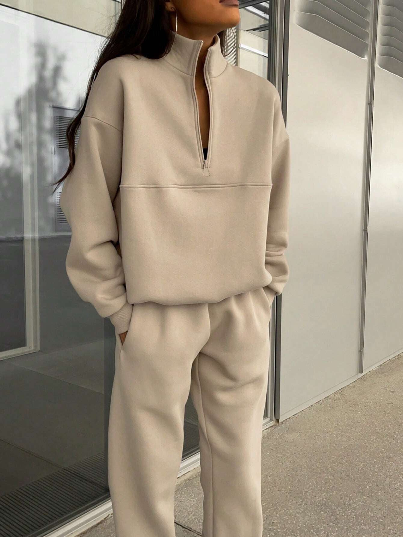 Zipper And Lapel Solid Color Casual Two-piece Suit