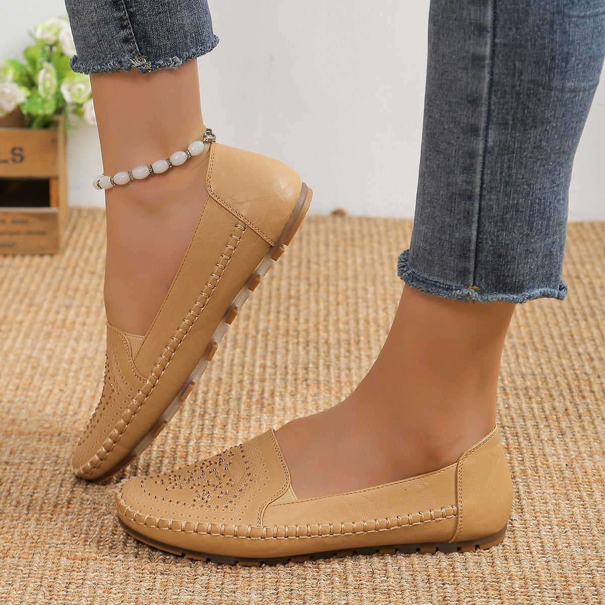 European Style Handmade Stitching Women's Shoes | Flat Heel Rubber Sole Casual Board Shoes