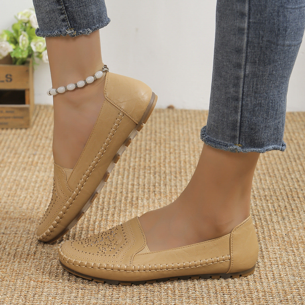 European Style Handmade Stitching Women's Shoes | Flat Heel Rubber Sole Casual Board Shoes
