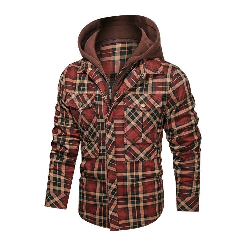 Men Long-sleeved Plaid Jacket Regular Fit Fleece Detachable Hoodies Jackets