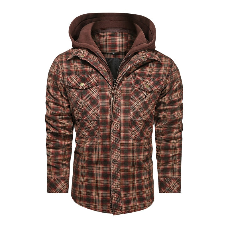 Men Long-sleeved Plaid Jacket Regular Fit Fleece Detachable Hoodies Jackets