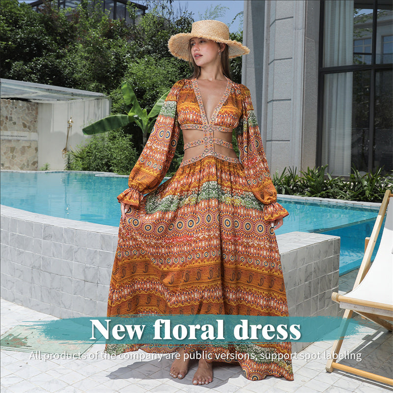 Flattering Orange Women's Stomach Cutouts Dress - Stunning Floral Details
