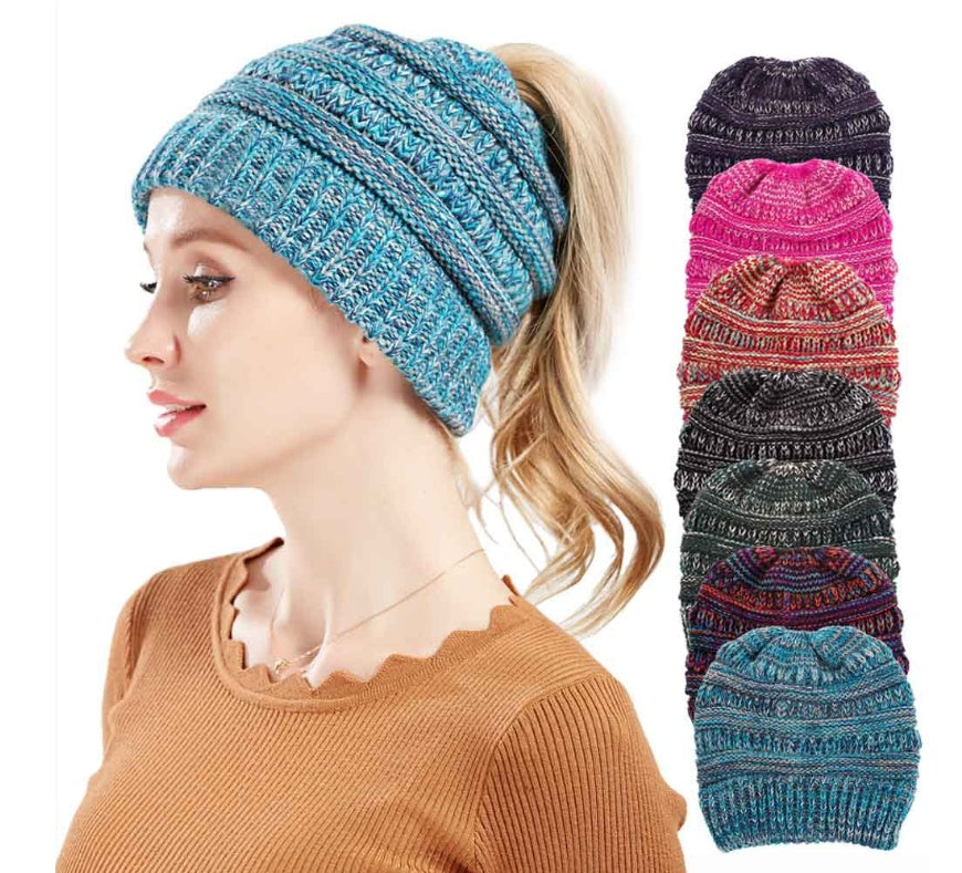 Fashionable Mixed Color Knitted Ladies Ponytail Hat - Acrylic Wool Material