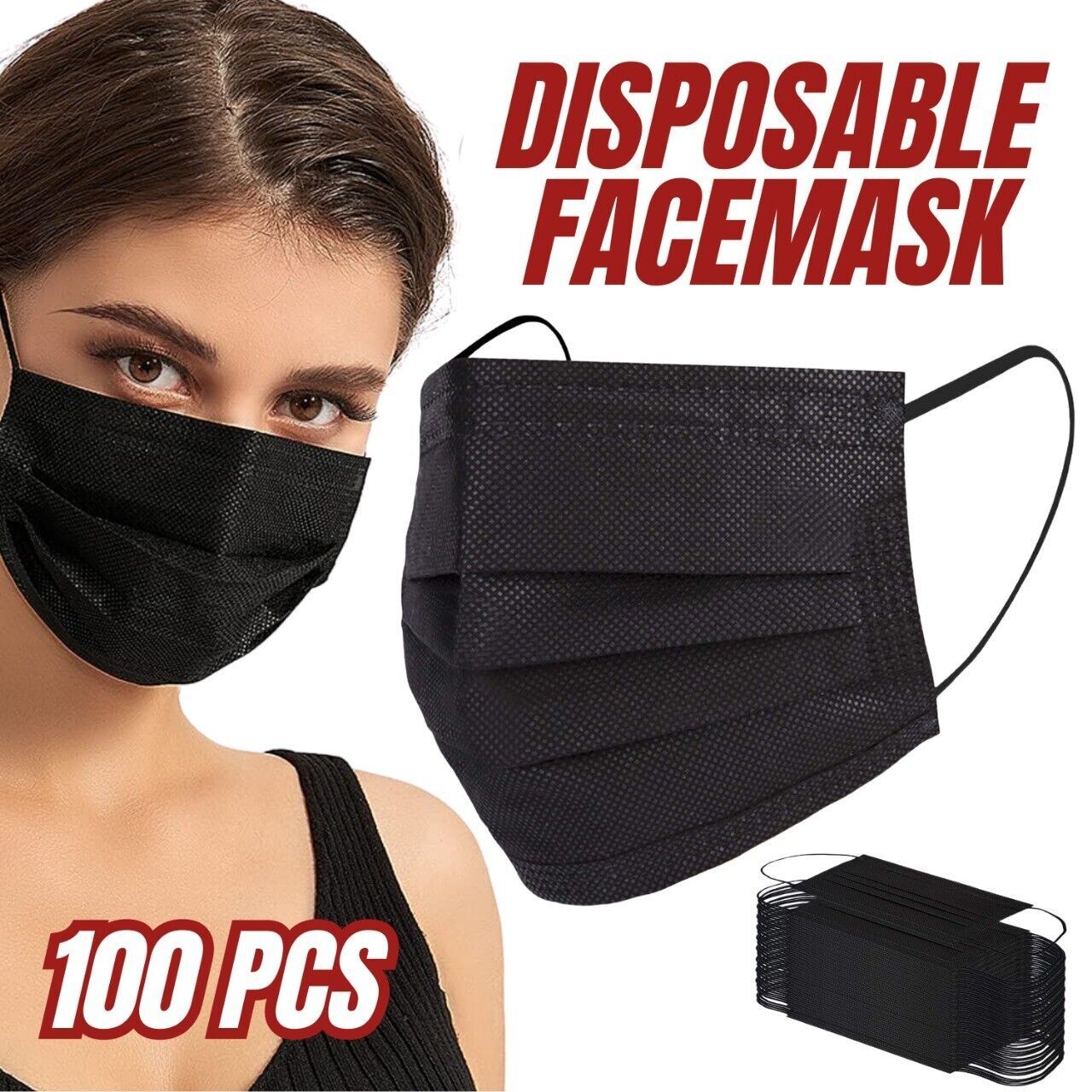 Disposable Face Masks Pack of 100 - 3 Ply Earloop Breathable Protection in Black/Blue - Non-Woven Comfortable Cover