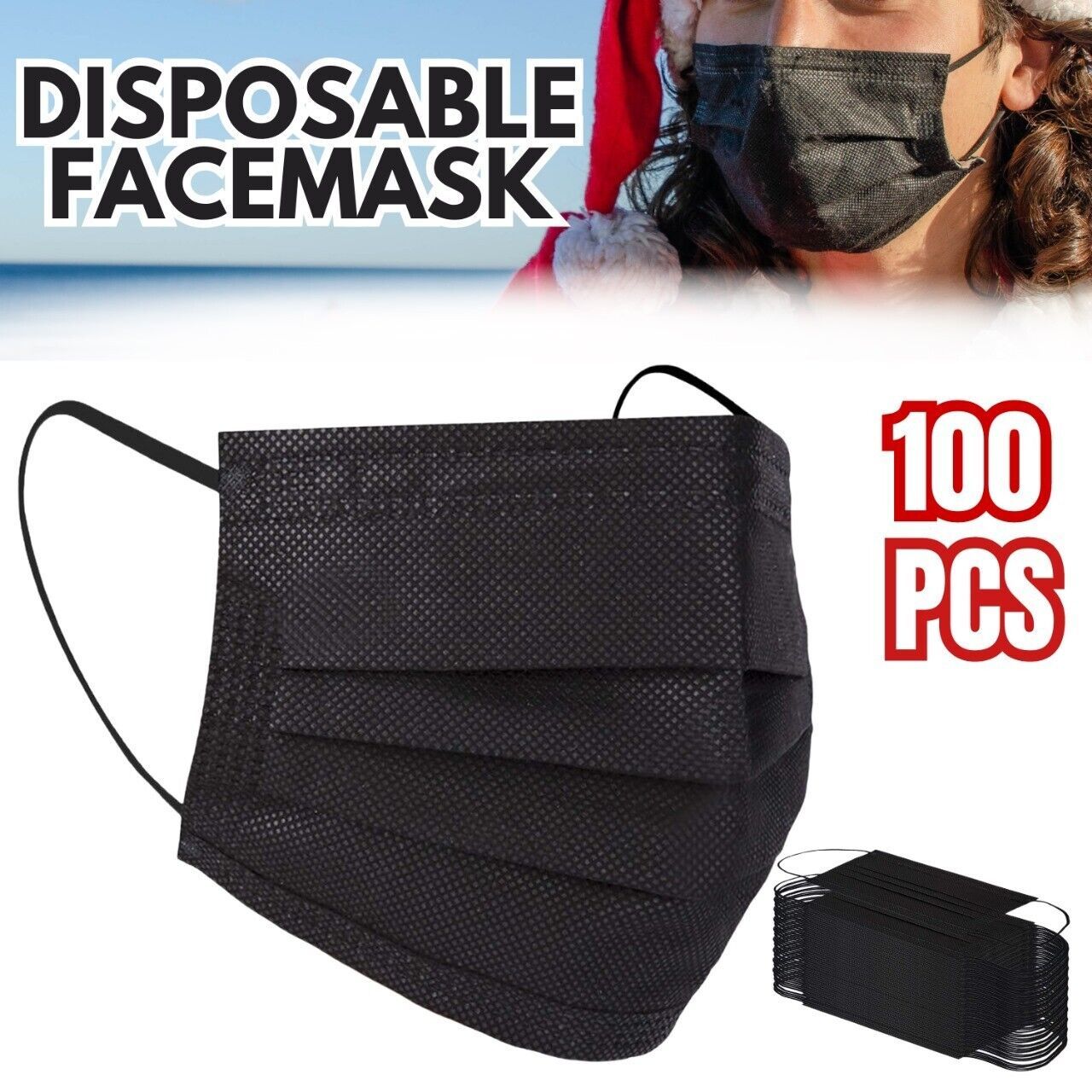 Disposable Face Masks Pack of 100 - 3 Ply Earloop Breathable Protection in Black/Blue - Non-Woven Comfortable Cover