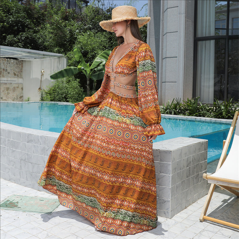 Flattering Orange Women's Stomach Cutouts Dress - Stunning Floral Details