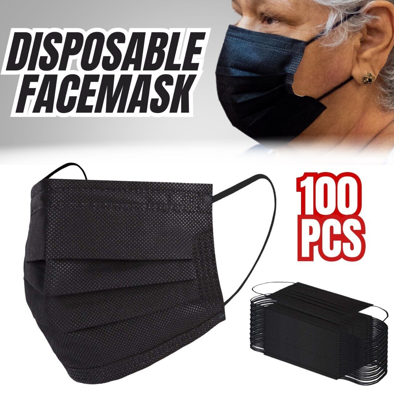 Disposable Face Masks Pack of 100 - 3 Ply Earloop Breathable Protection in Black/Blue - Non-Woven Comfortable Cover