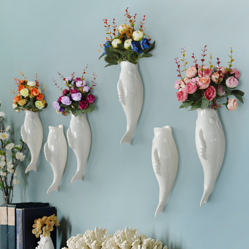 Modern White Ceramic Wall Ceramic Goldfish Vase for Living Spaces