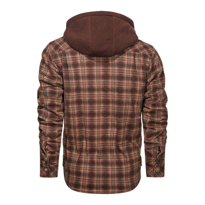 Men Long-sleeved Plaid Jacket Regular Fit Fleece Detachable Hoodies Jackets