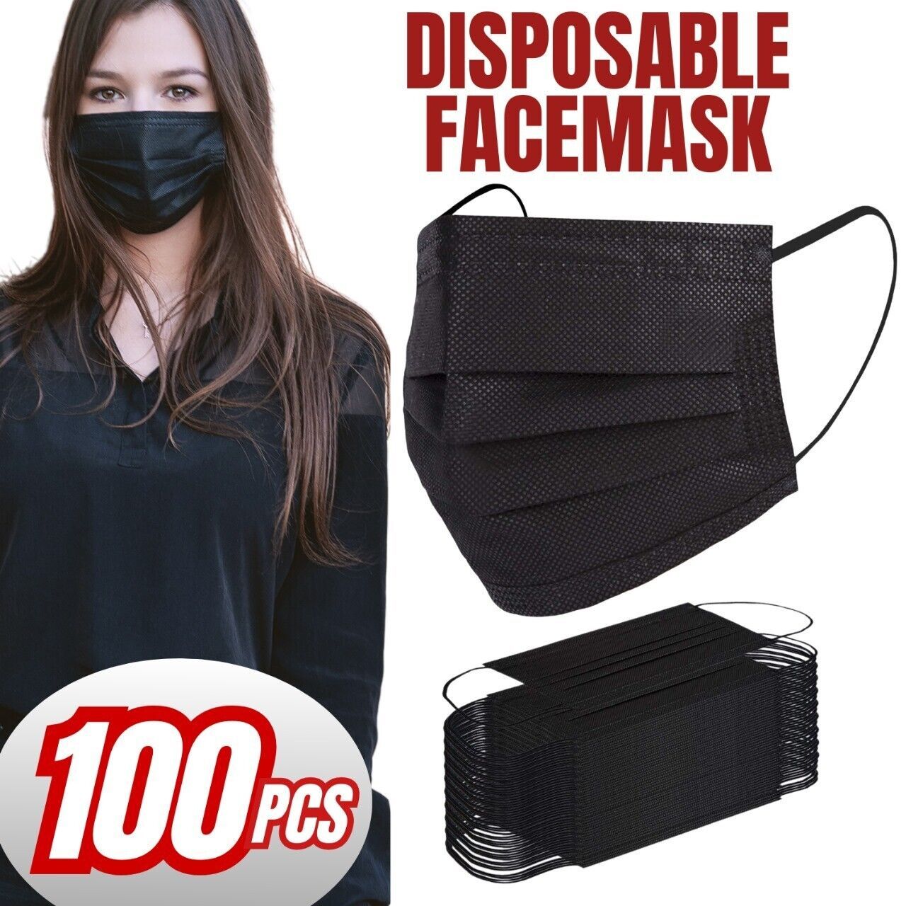 Disposable Face Masks Pack of 100 - 3 Ply Earloop Breathable Protection in Black/Blue - Non-Woven Comfortable Cover