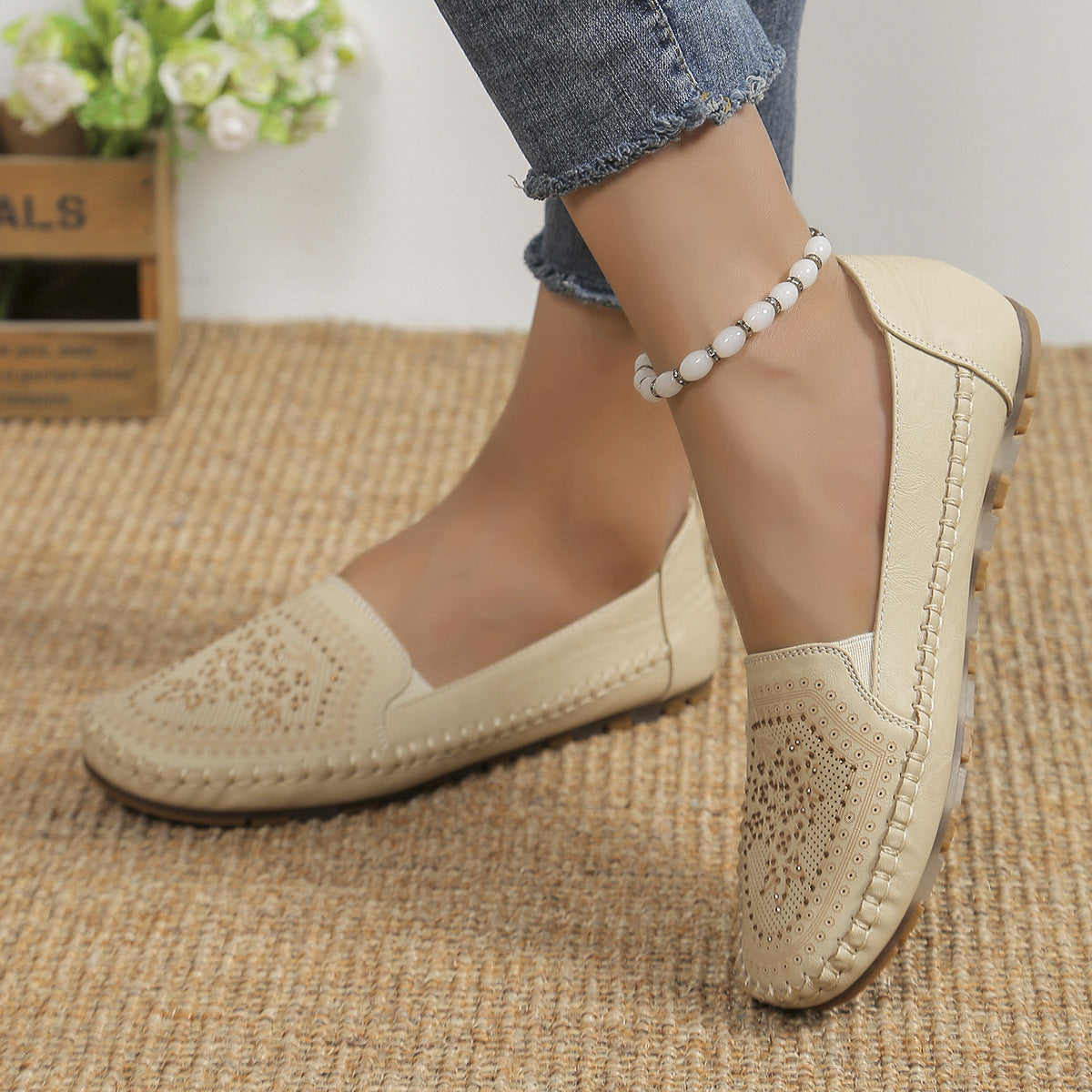 European Style Handmade Stitching Women's Shoes | Flat Heel Rubber Sole Casual Board Shoes