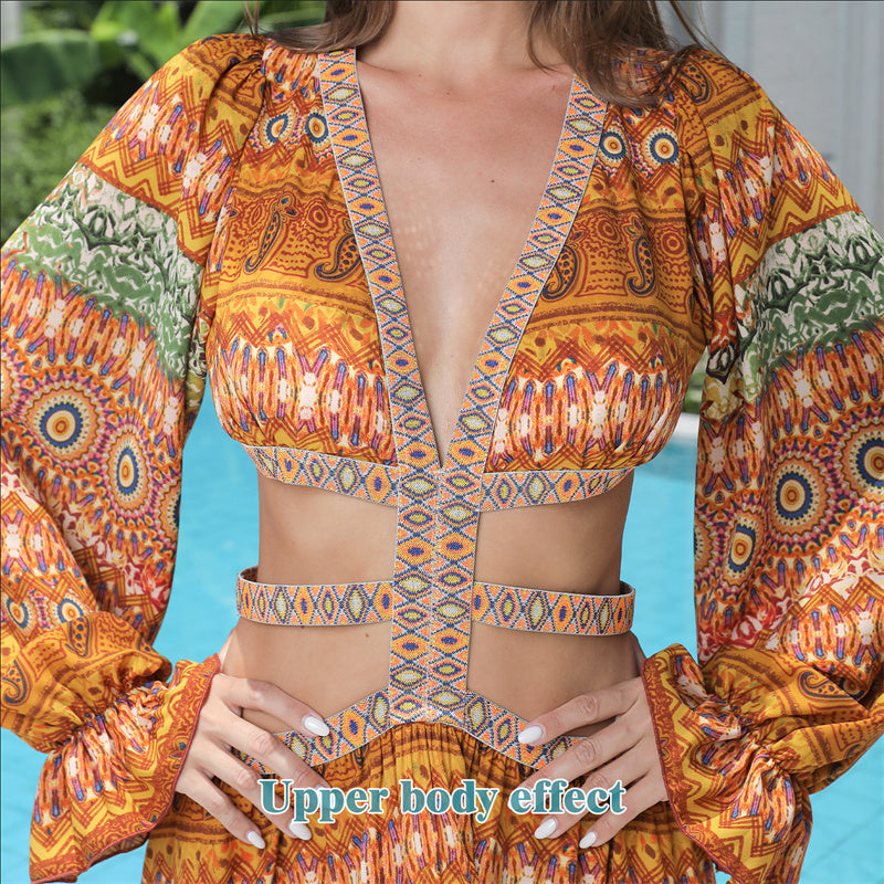 Flattering Orange Women's Stomach Cutouts Dress - Stunning Floral Details