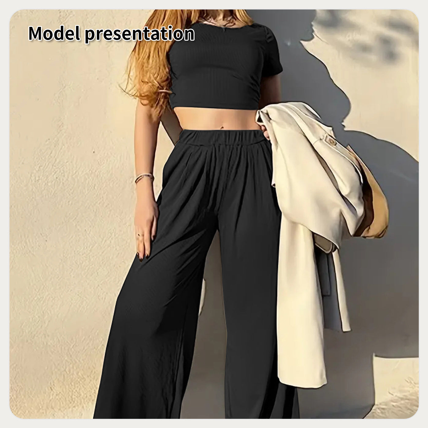 Elegant Women's Fashion Simple Solid Color Suit in Black and Coffee - Top and Pants Set