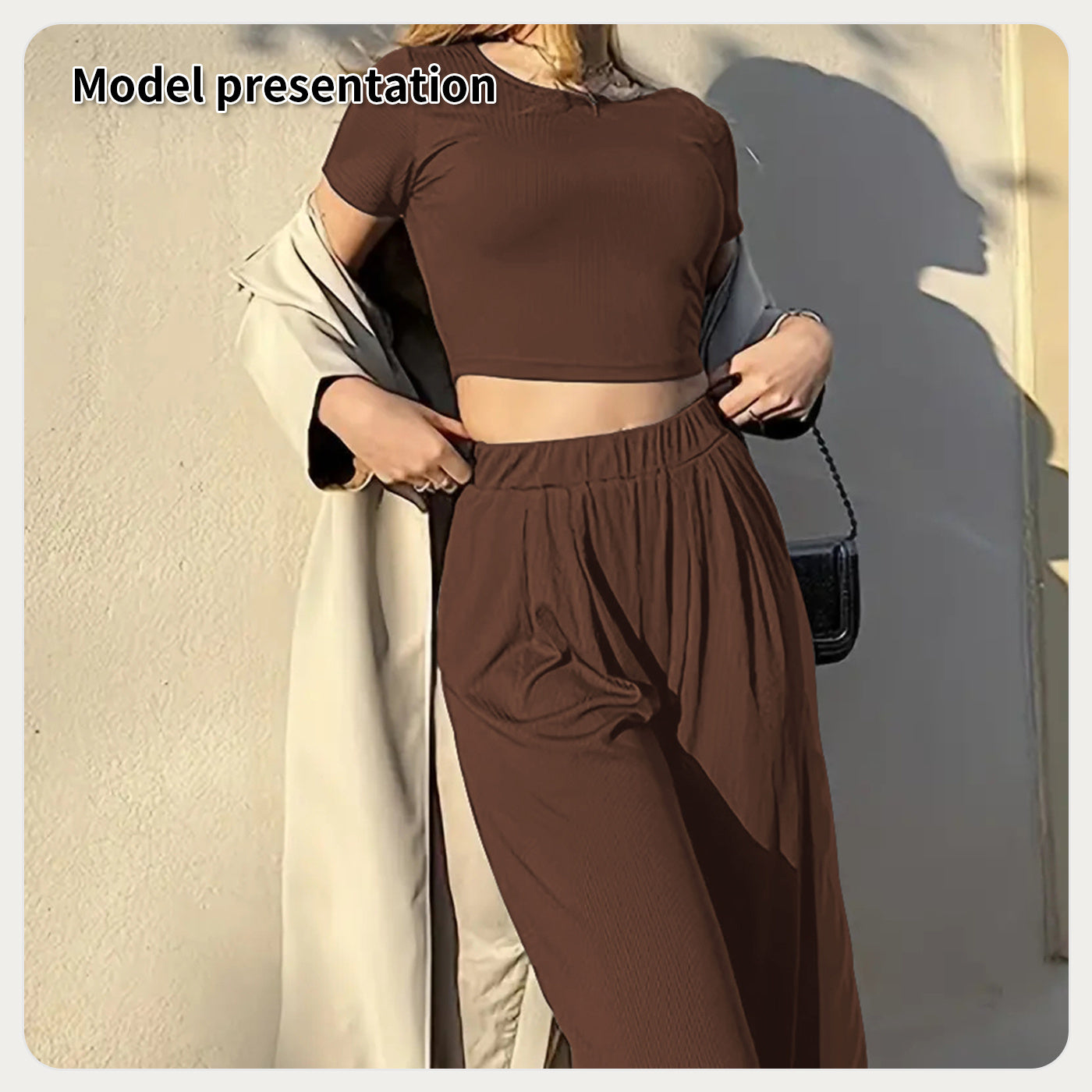 Elegant Women's Fashion Simple Solid Color Suit in Black and Coffee - Top and Pants Set