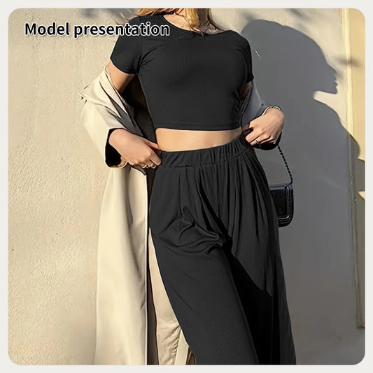 Elegant Women's Fashion Simple Solid Color Suit in Black and Coffee - Top and Pants Set